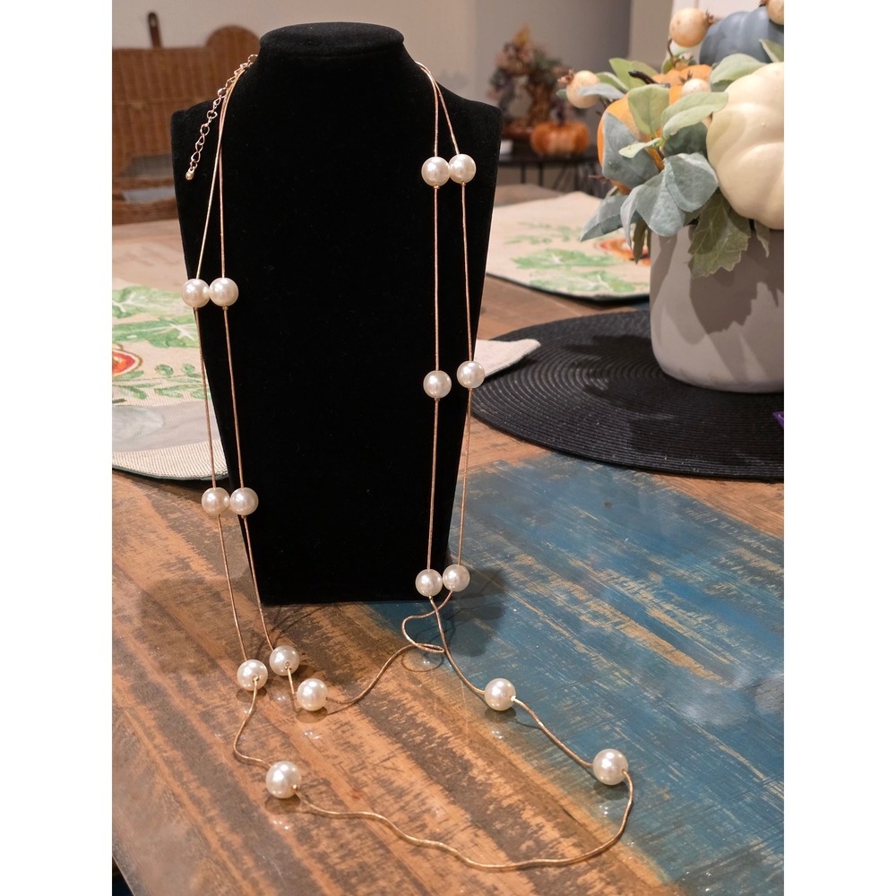 Elegant Gold Tone Pearl Necklace Women Long Layered Statement